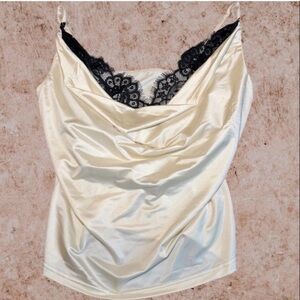 Satin Lace Cowl Neck Camisole Ivory Black Lace Size L